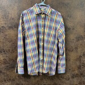 Alan Flusser Plaid Large Shirt Long Sleeve Purple Orange Teal Yellow